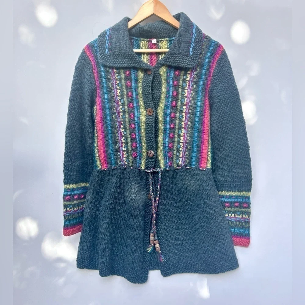HANDMADE knit multicolour embroidery wool sweater - Picture 4 of 11